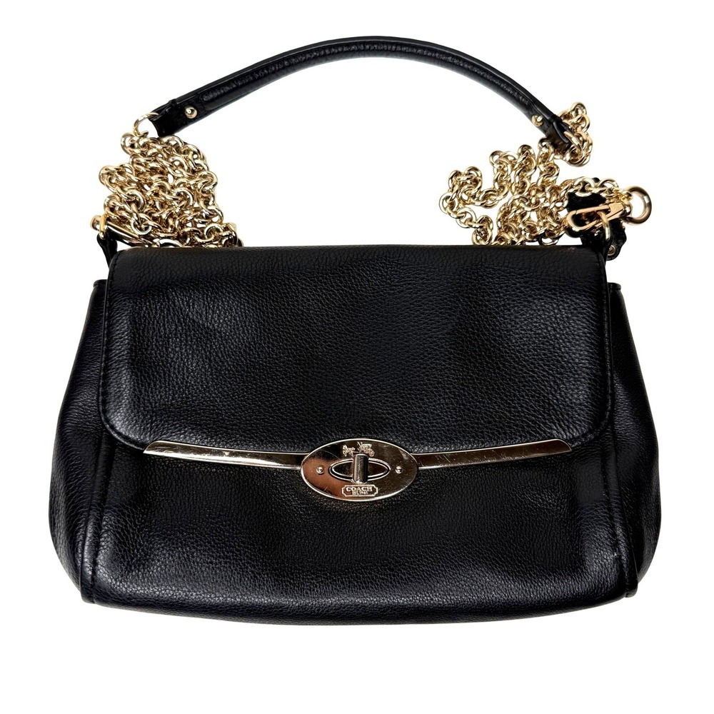 Coach Madison Black Pebbled Leather Turnlock Shoulder Bag Gold Chain Strap